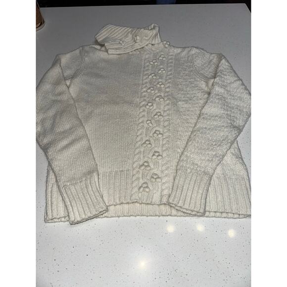 Garnet Hill Women’s Sweater Cable Turtleneck Asymmetrical Bobble detail Ivory SM - Picture 7 of 12